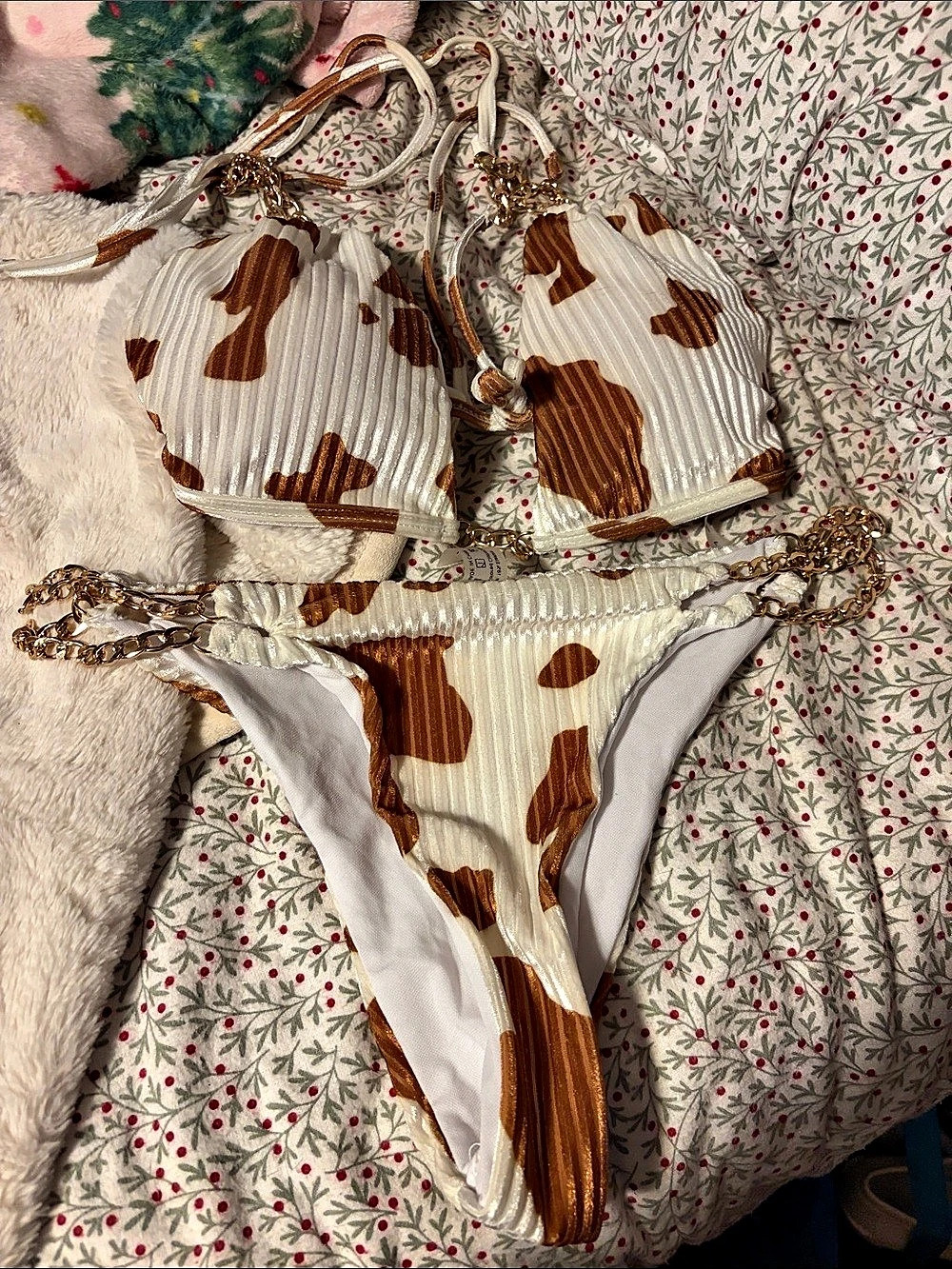 Pleated Animal Print Chain Bikini in White & Brown Size Large